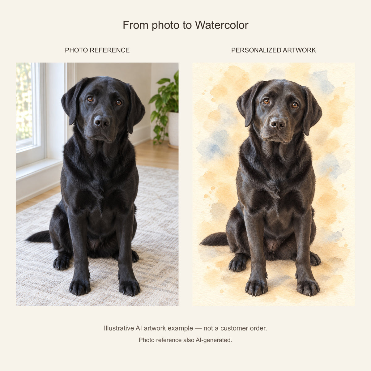 Custom Watercolor Pet Portrait Canvas — black Labrador AI photo reference and AI artwork example; not a customer order