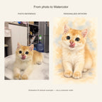 Custom Watercolor Pet Portrait Canvas — cat photo reference and AI artwork example; not a customer order