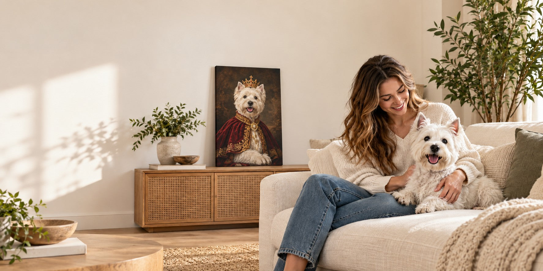 A woman holding her white terrier beside a personalized royal pet canvas in a warm living room.